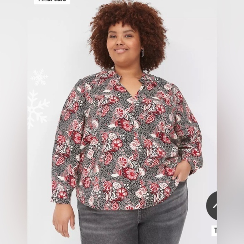 Lane Bryant Gathered Ruffle V Neck Popover Shirt Red Multi Floral Size 22/24 3X